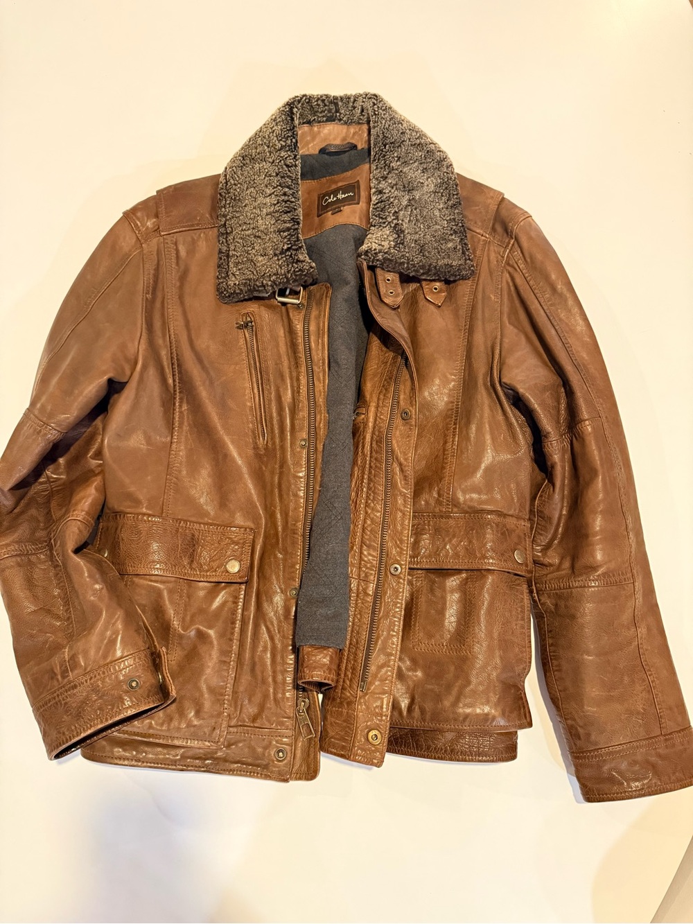 Cole Haan Tan Leather Bomber Jacket with Sherpa Collar
